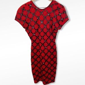 Vintage 90s Carmen Marc Valvo Red Black Beaded Dress